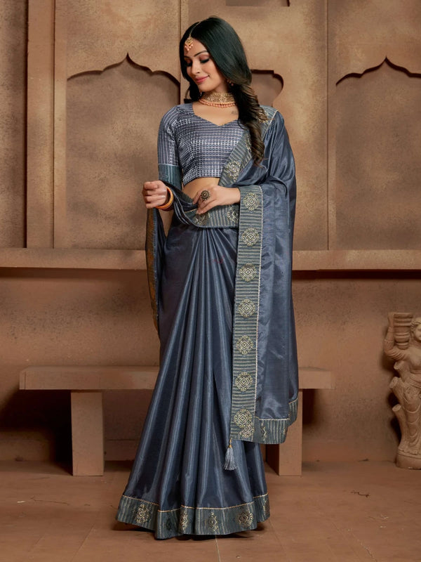 Vichitra silk saree With Elegant lace Patti