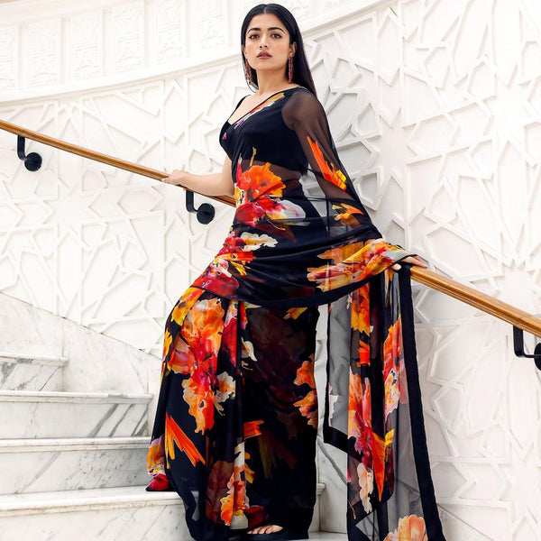 Digital Printed Rashmika Black saree