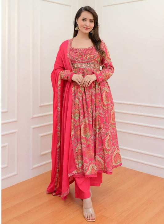 Multicoloured Anarkali with mirror  work and print lace
