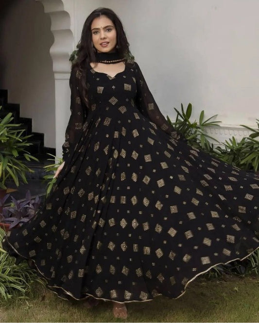 Elegant Printed Gown With Dupatta- Black