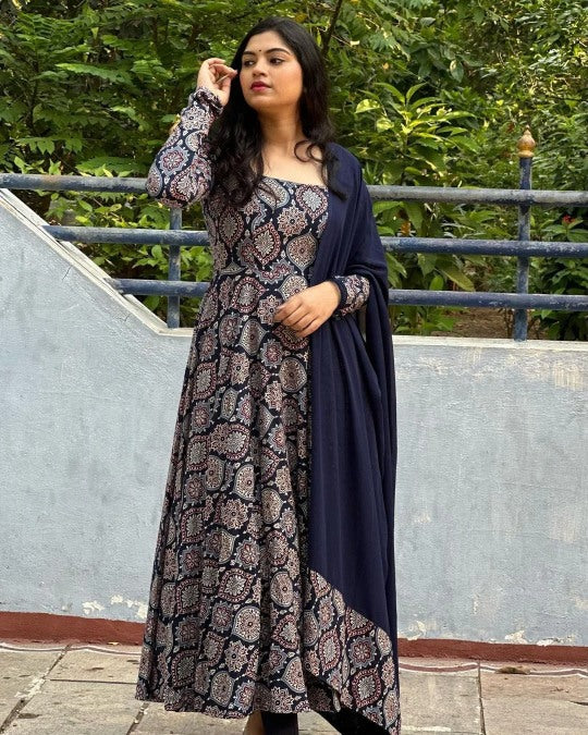 Elegant Printed Gown With Dupatta- Blue