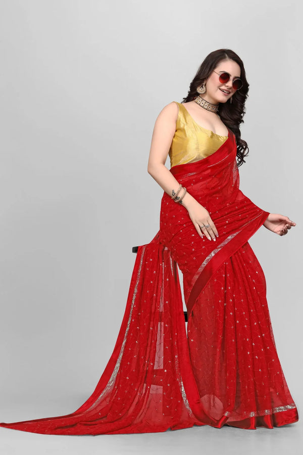 Sequined Embroidery Saree for a Glamorous Touch-Red
